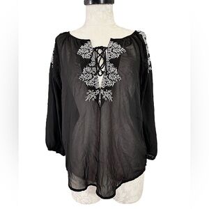 American Eagle Outfitters Embroidered Sheer Black Tunic